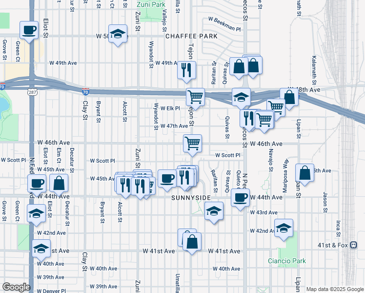 map of restaurants, bars, coffee shops, grocery stores, and more near 2100 West 46th Avenue in Denver
