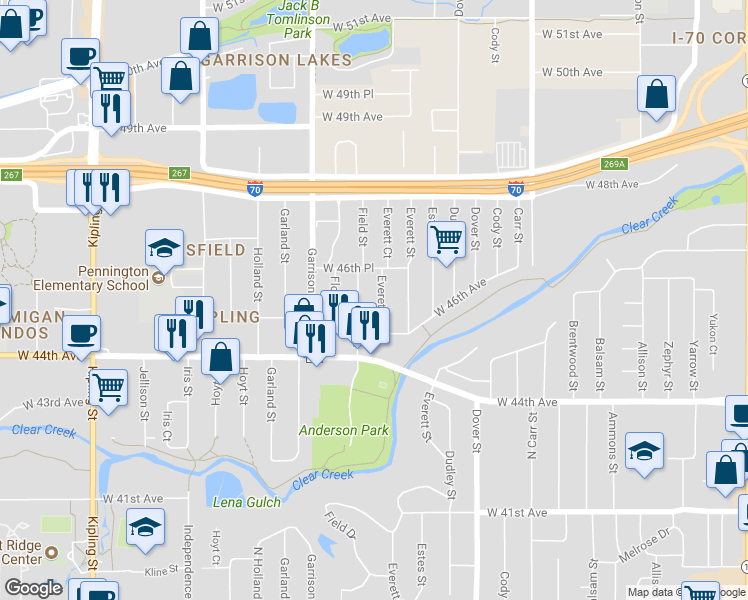 map of restaurants, bars, coffee shops, grocery stores, and more near 4559 Everett Court in Wheat Ridge