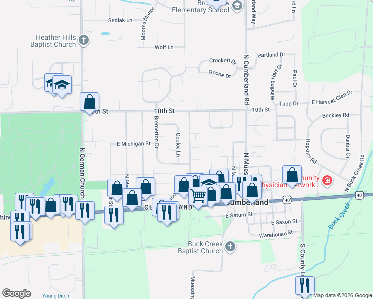 map of restaurants, bars, coffee shops, grocery stores, and more near 620 Woodlark Drive in Indianapolis
