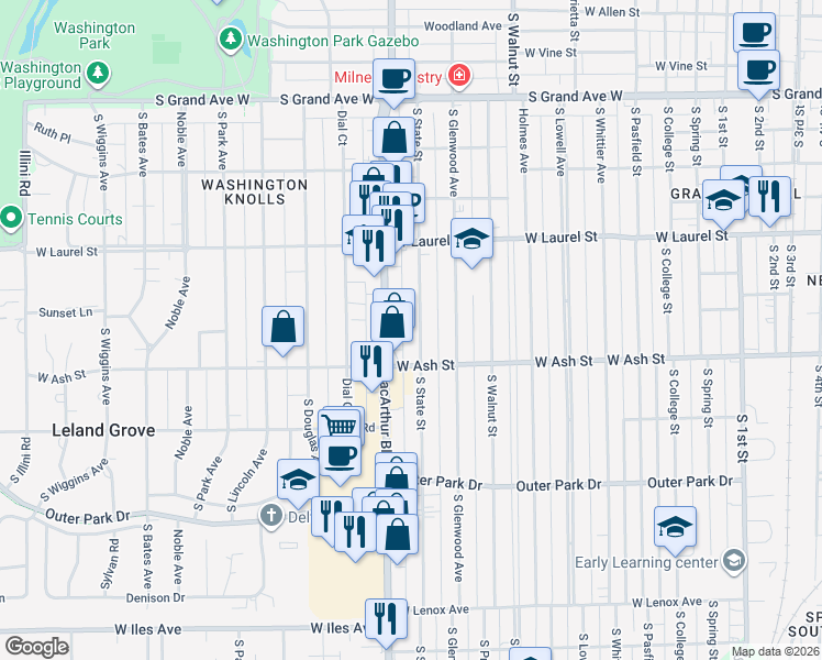map of restaurants, bars, coffee shops, grocery stores, and more near 1913 South State Street in Springfield