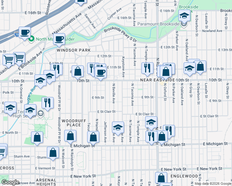 map of restaurants, bars, coffee shops, grocery stores, and more near 915 North Beville Avenue in Indianapolis