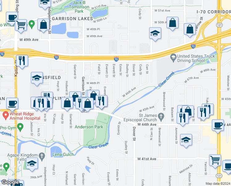 map of restaurants, bars, coffee shops, grocery stores, and more near 4560 Everett Street in Wheat Ridge