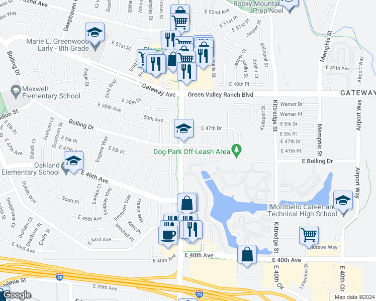 map of restaurants, bars, coffee shops, grocery stores, and more near 4713 North Hannibal Street in Denver