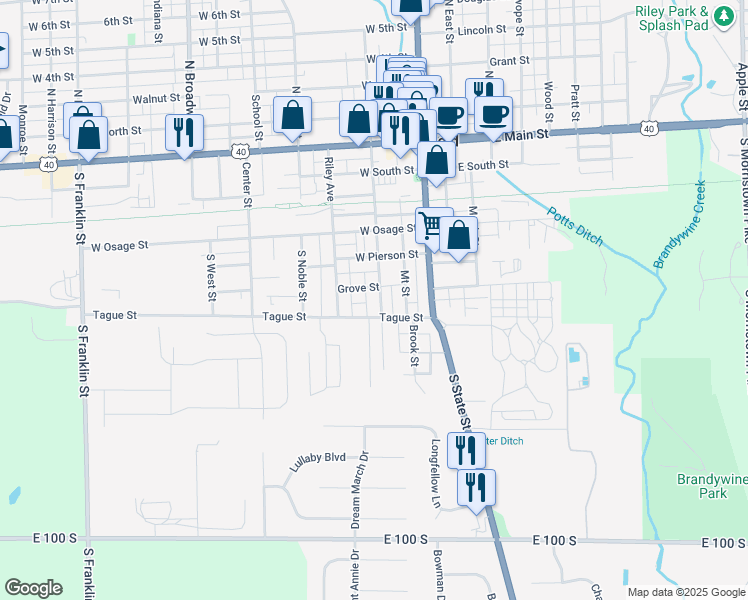map of restaurants, bars, coffee shops, grocery stores, and more near 510 South Pennsylvania Street in Greenfield