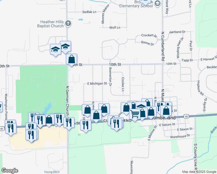 map of restaurants, bars, coffee shops, grocery stores, and more near 806 Bremerton Dr in Indianapolis