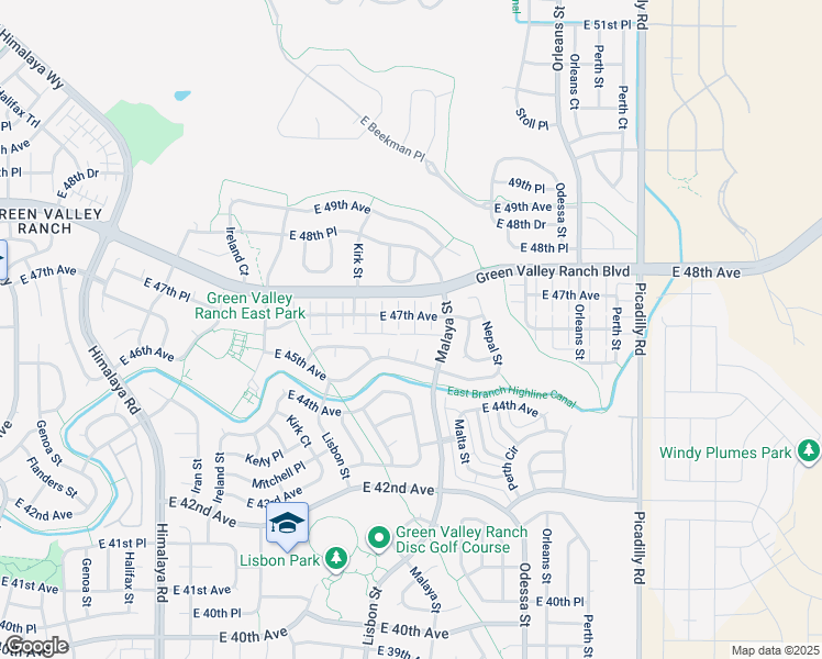 map of restaurants, bars, coffee shops, grocery stores, and more near 20884 East 47th Avenue in Denver