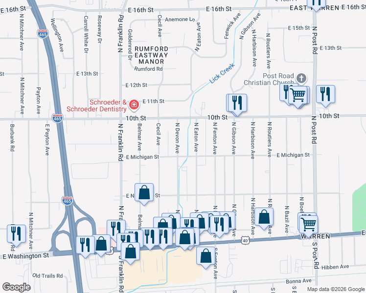 map of restaurants, bars, coffee shops, grocery stores, and more near 717 North Devon Avenue in Indianapolis