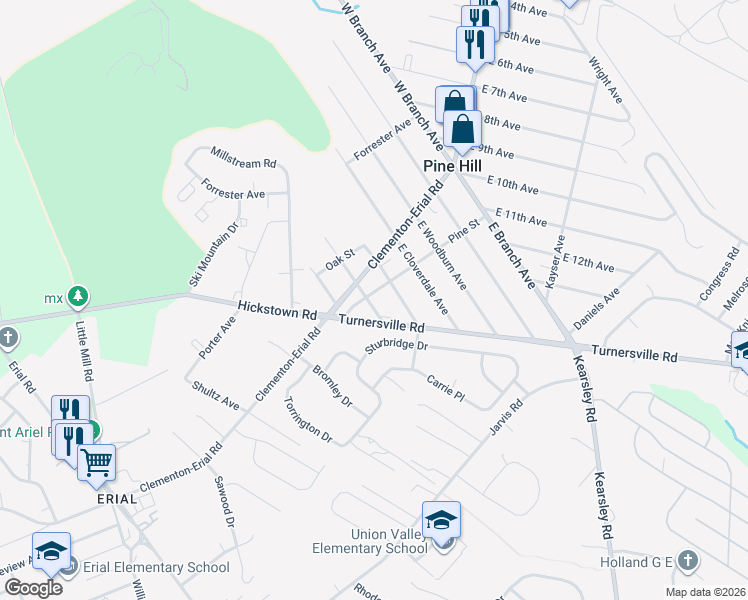 map of restaurants, bars, coffee shops, grocery stores, and more near 1419 Pine Street in Pine Hill