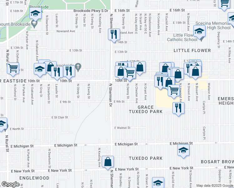 map of restaurants, bars, coffee shops, grocery stores, and more near 928 North Bradley Avenue in Indianapolis