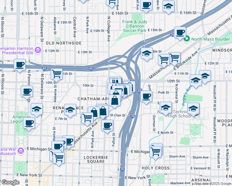 map of restaurants, bars, coffee shops, grocery stores, and more near 906 Carrollton Avenue in Indianapolis