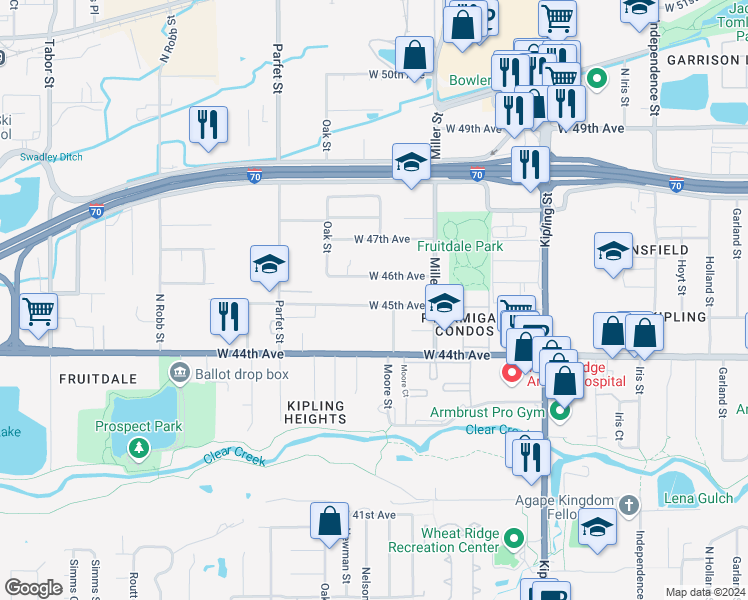 map of restaurants, bars, coffee shops, grocery stores, and more near 10621 West 45th Avenue in Wheat Ridge