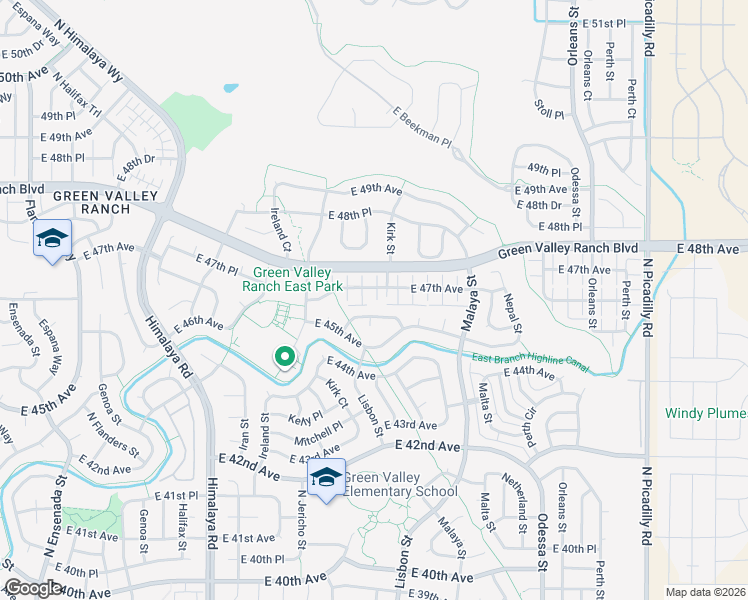 map of restaurants, bars, coffee shops, grocery stores, and more near 20634 East 47th Avenue in Denver
