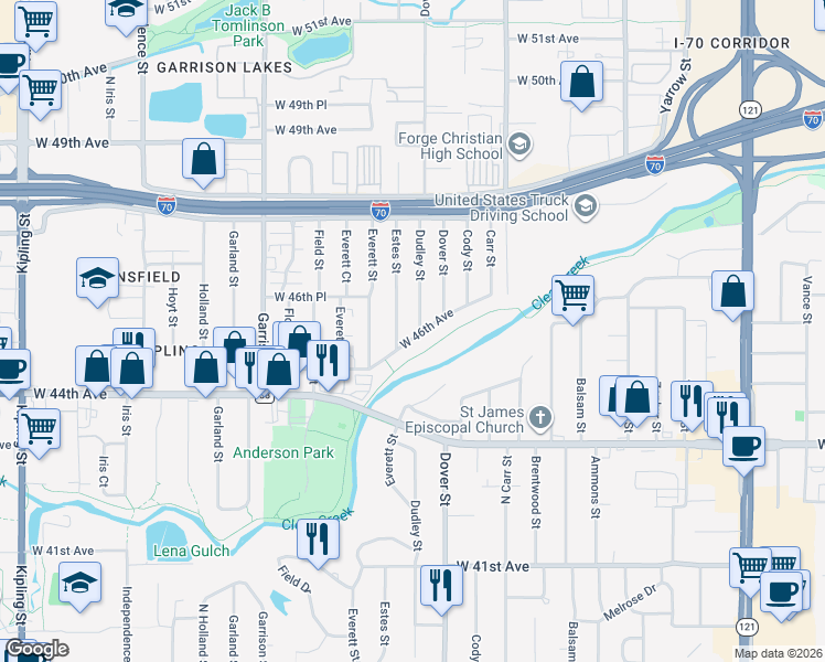 map of restaurants, bars, coffee shops, grocery stores, and more near 8715 West 46th Avenue in Wheat Ridge
