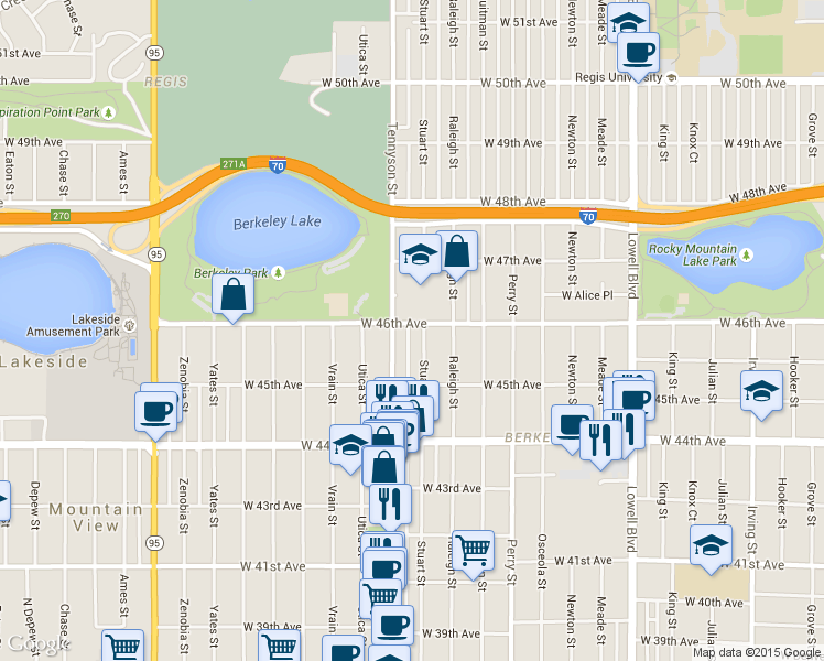 map of restaurants, bars, coffee shops, grocery stores, and more near 4586 Tennyson Street in Denver