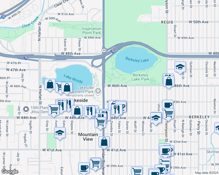 map of restaurants, bars, coffee shops, grocery stores, and more near 4585 Zenobia Street in Denver