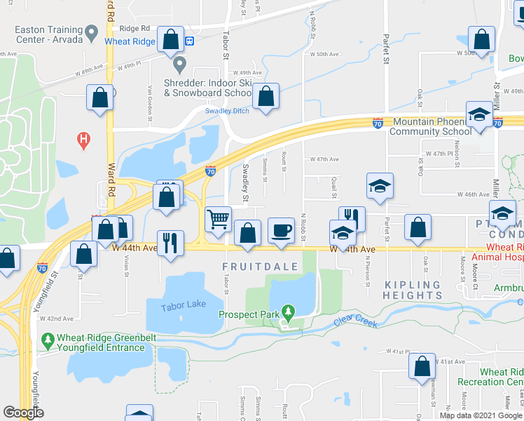 map of restaurants, bars, coffee shops, grocery stores, and more near 11640 West 46th Avenue in Wheat Ridge
