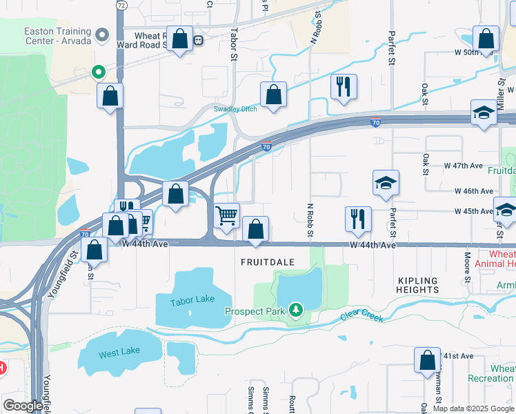 map of restaurants, bars, coffee shops, grocery stores, and more near 11640 West 46th Avenue in Wheat Ridge