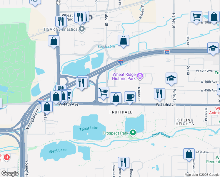 map of restaurants, bars, coffee shops, grocery stores, and more near 11780 West 46th Avenue in Wheat Ridge