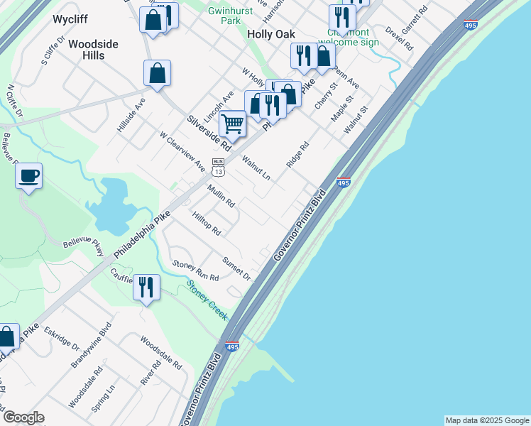 map of restaurants, bars, coffee shops, grocery stores, and more near 6703 Governor Printz Boulevard in Wilmington