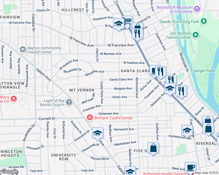 map of restaurants, bars, coffee shops, grocery stores, and more near 237 Niagara Avenue in Dayton