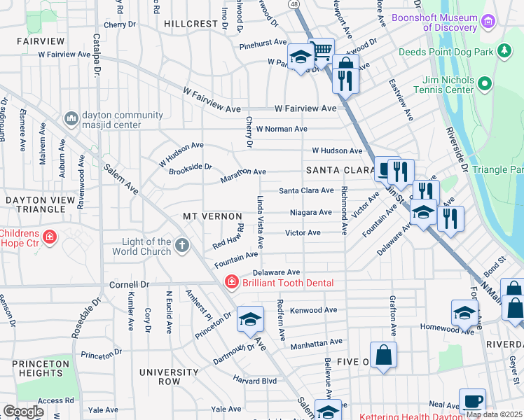 map of restaurants, bars, coffee shops, grocery stores, and more near 1201 Linda Vista Avenue in Dayton