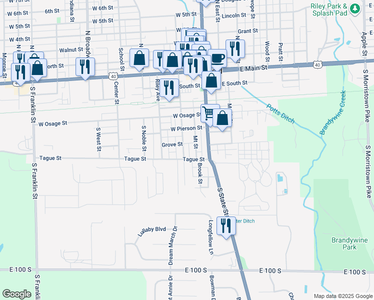 map of restaurants, bars, coffee shops, grocery stores, and more near 510 South Pennsylvania Street in Greenfield