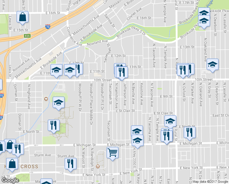 map of restaurants, bars, coffee shops, grocery stores, and more near 921 Tecumseh Street in Indianapolis
