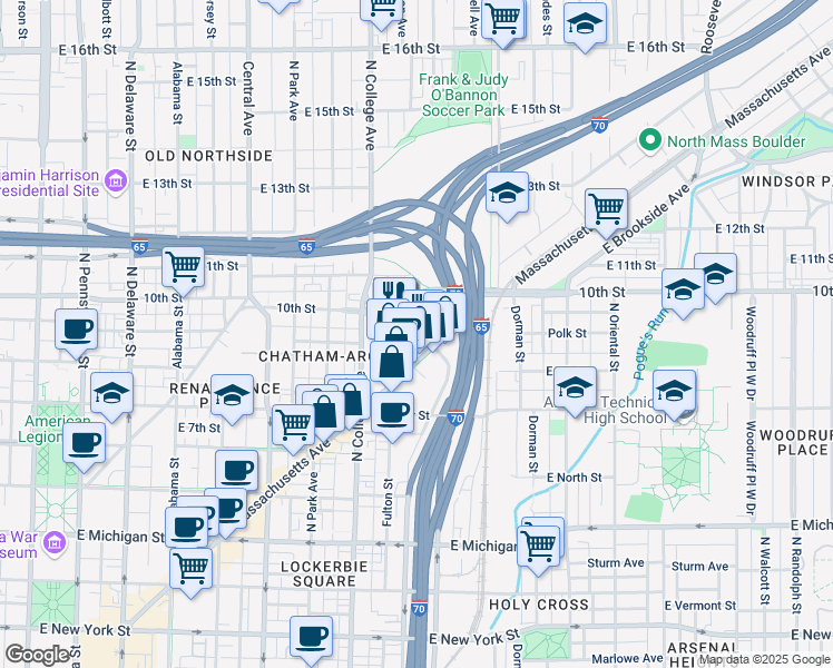 map of restaurants, bars, coffee shops, grocery stores, and more near 906 Carrollton Avenue in Indianapolis