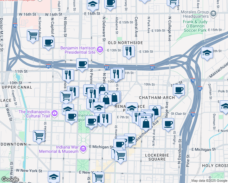 map of restaurants, bars, coffee shops, grocery stores, and more near 237 East Saint Joseph Street in Indianapolis