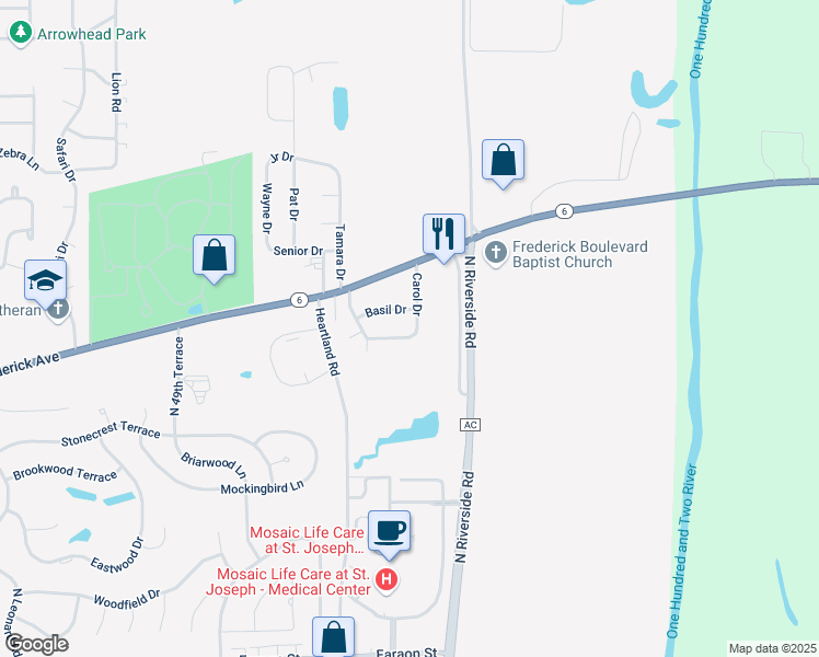 map of restaurants, bars, coffee shops, grocery stores, and more near 1100 Carol Drive in Saint Joseph