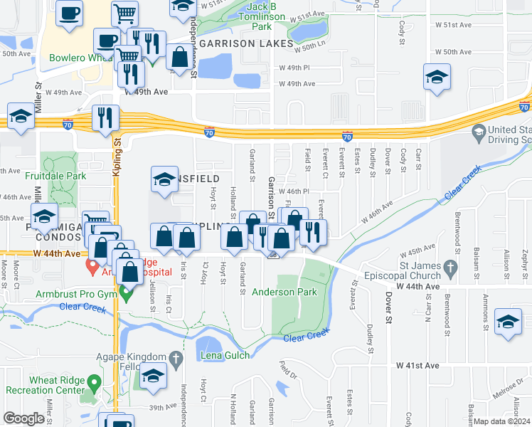 map of restaurants, bars, coffee shops, grocery stores, and more near 4535 Garrison Street in Wheat Ridge