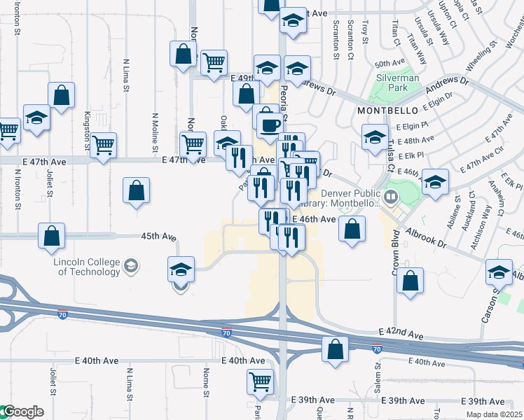 map of restaurants, bars, coffee shops, grocery stores, and more near 4611 Peoria Street in Denver