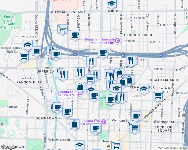 map of restaurants, bars, coffee shops, grocery stores, and more near 12 Pierson Street in Indianapolis