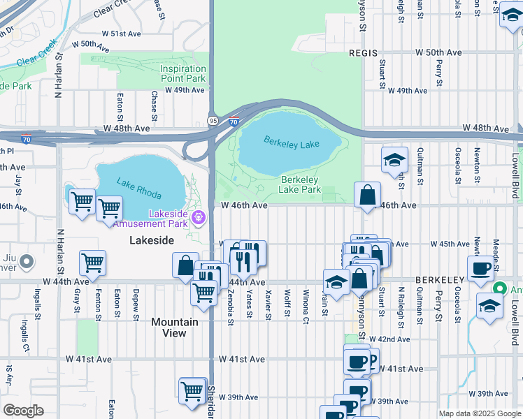 map of restaurants, bars, coffee shops, grocery stores, and more near 4594 Xavier Street in Denver