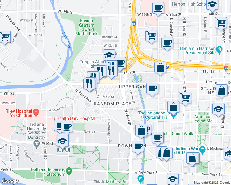 map of restaurants, bars, coffee shops, grocery stores, and more near 915 North California Street in Indianapolis