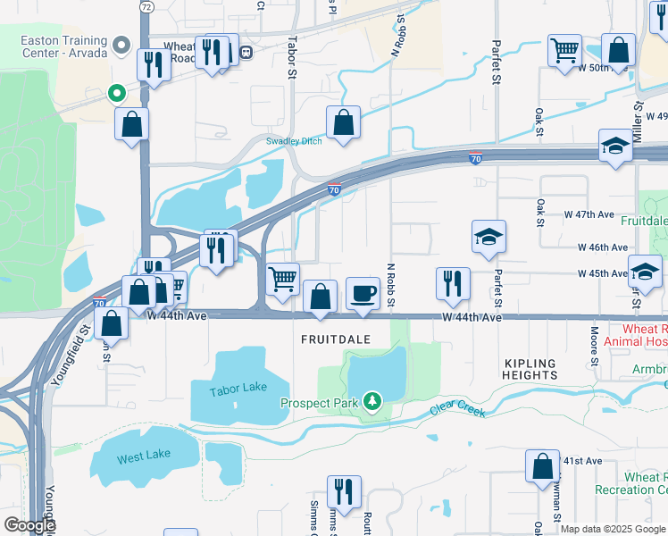 map of restaurants, bars, coffee shops, grocery stores, and more near 11640 West 46th Avenue in Wheat Ridge