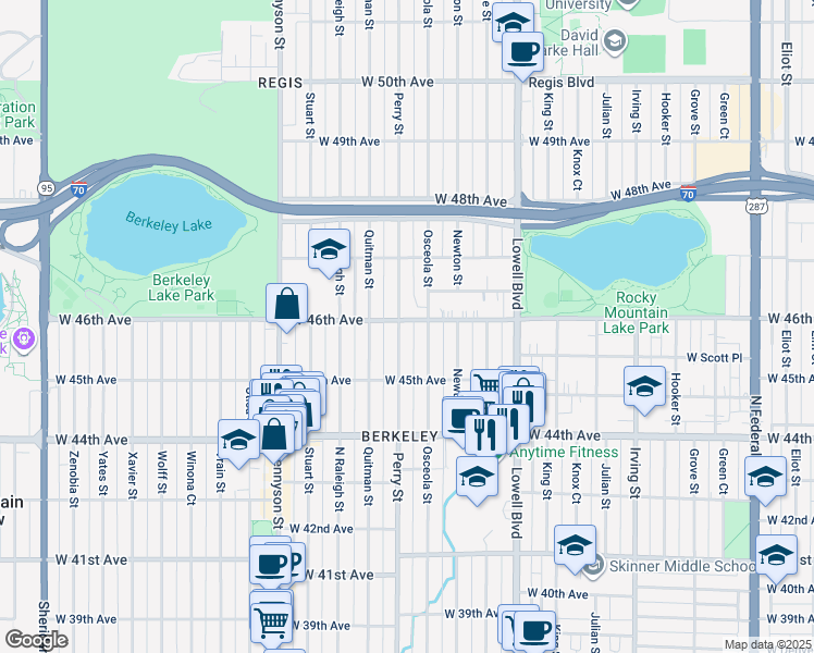 map of restaurants, bars, coffee shops, grocery stores, and more near 4596 Perry Street in Denver