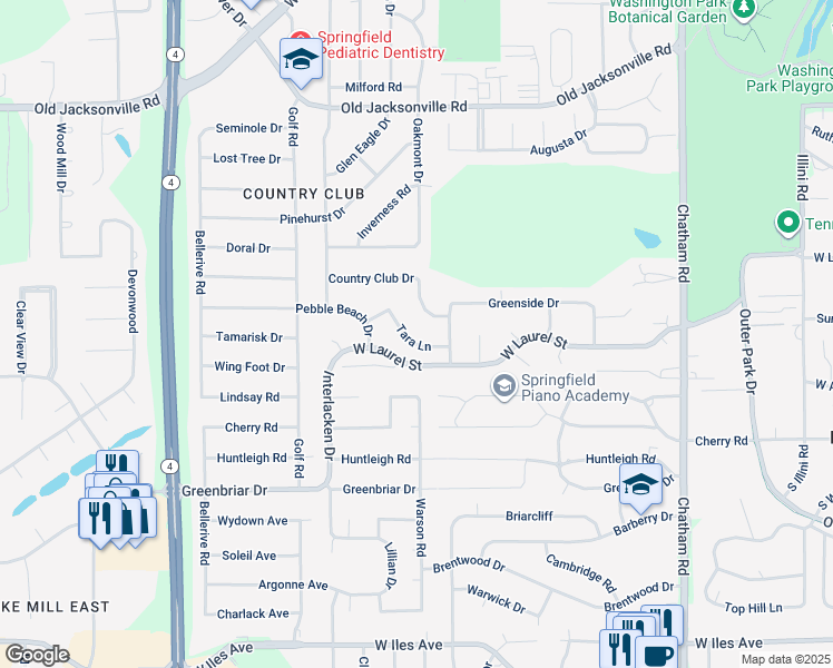 map of restaurants, bars, coffee shops, grocery stores, and more near 2313 Tara Lane in Springfield