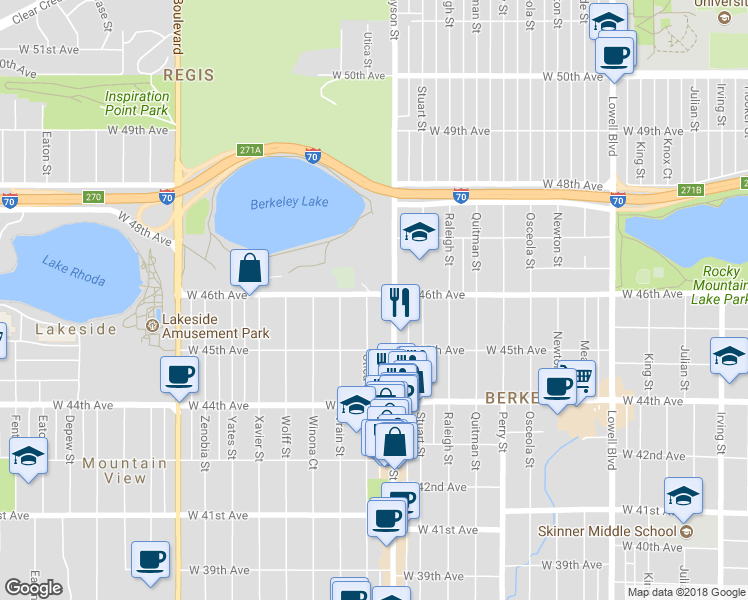 map of restaurants, bars, coffee shops, grocery stores, and more near 4596 Utica Street in Denver