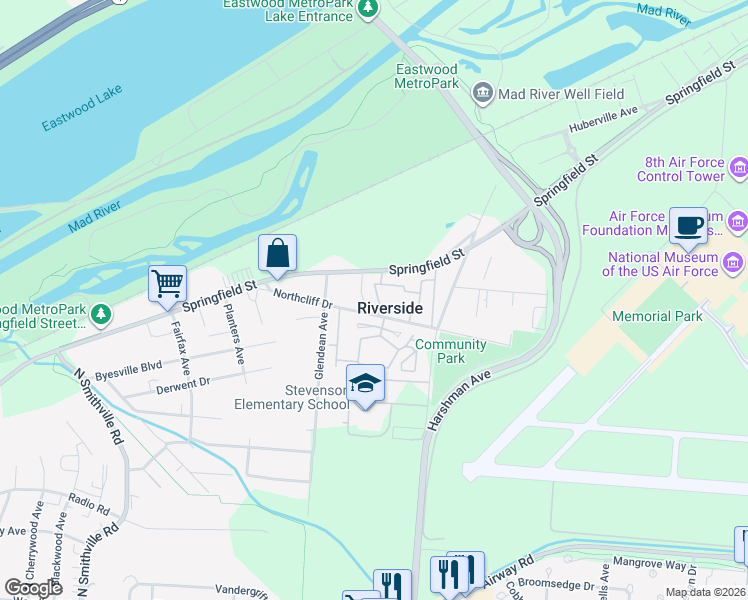 map of restaurants, bars, coffee shops, grocery stores, and more near 1045 Courtney Drive in Dayton
