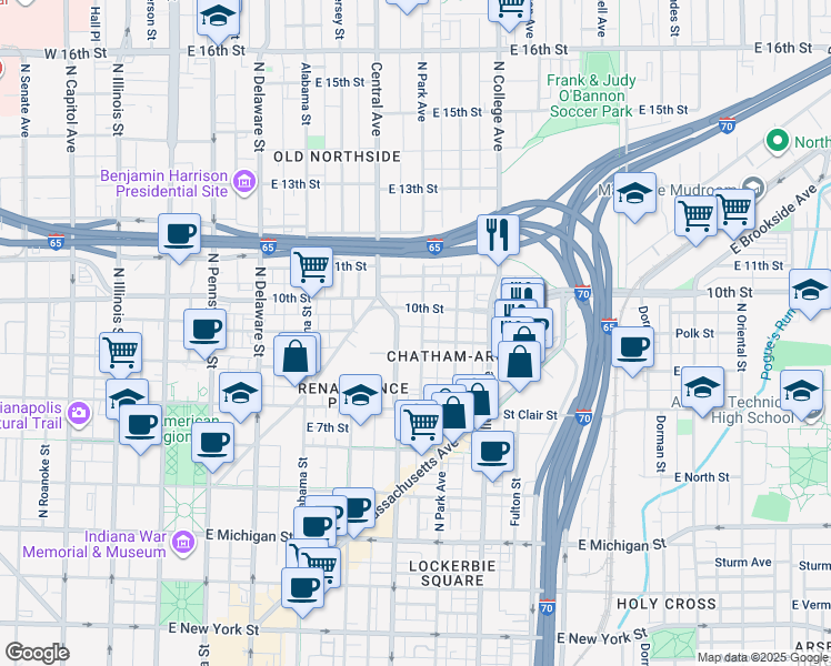 map of restaurants, bars, coffee shops, grocery stores, and more near 922 North Park Avenue in Indianapolis