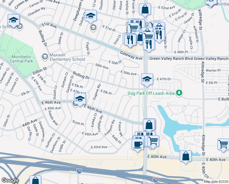 map of restaurants, bars, coffee shops, grocery stores, and more near 4771 Fontana Court in Denver