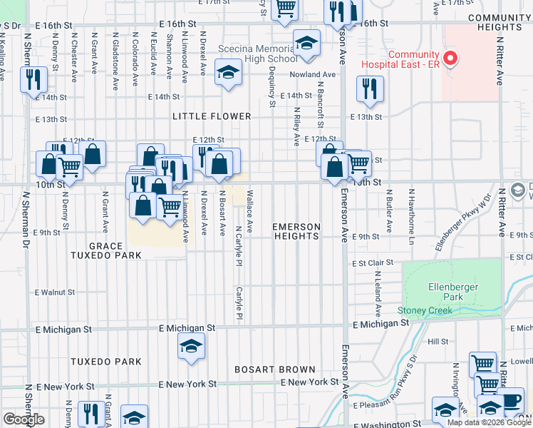 map of restaurants, bars, coffee shops, grocery stores, and more near 838 Dequincy Street in Indianapolis