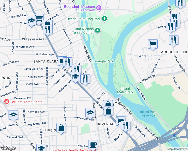 map of restaurants, bars, coffee shops, grocery stores, and more near 84 East Burton Avenue in Dayton
