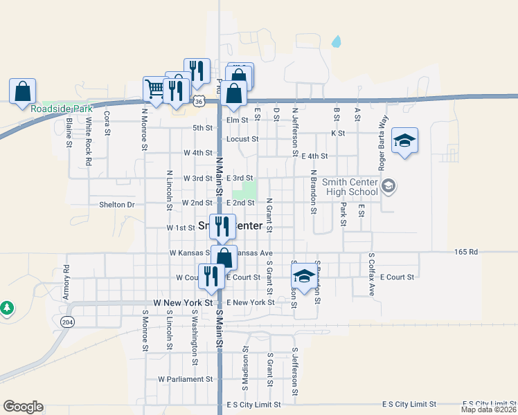 map of restaurants, bars, coffee shops, grocery stores, and more near 252-298 North Madison Street in Smith Center