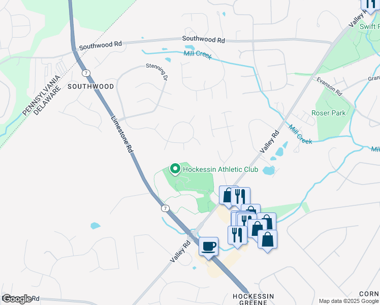 map of restaurants, bars, coffee shops, grocery stores, and more near 302 Hadley Ct in Hockessin