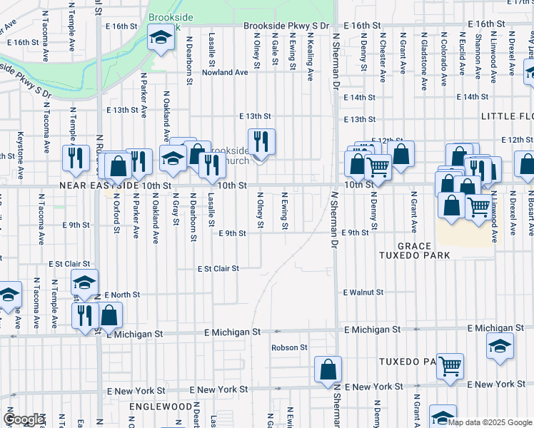 map of restaurants, bars, coffee shops, grocery stores, and more near 924 North Ewing Street in Indianapolis