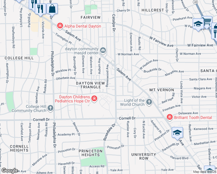 map of restaurants, bars, coffee shops, grocery stores, and more near 1720 Ravenwood Avenue in Dayton