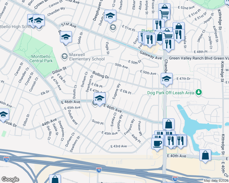 map of restaurants, bars, coffee shops, grocery stores, and more near 4735 Eugene Way in Denver