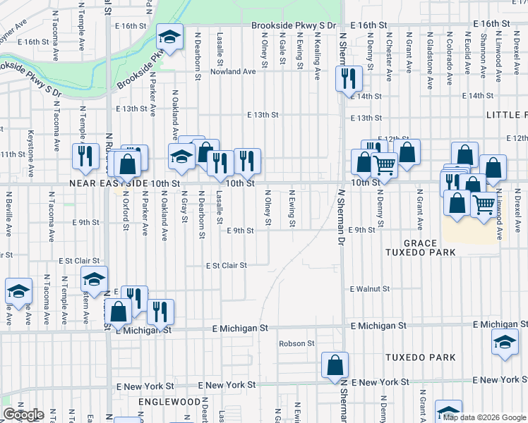 map of restaurants, bars, coffee shops, grocery stores, and more near 932 North Olney Street in Indianapolis